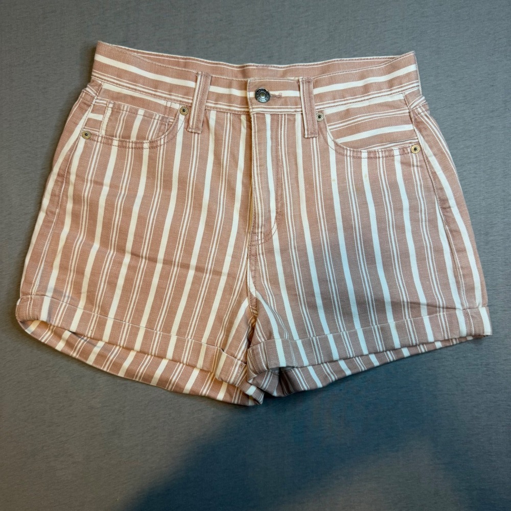 American Eagle Mauve Pink White Striped Denim Shorts High Waisted‎ Cuffed Size 2